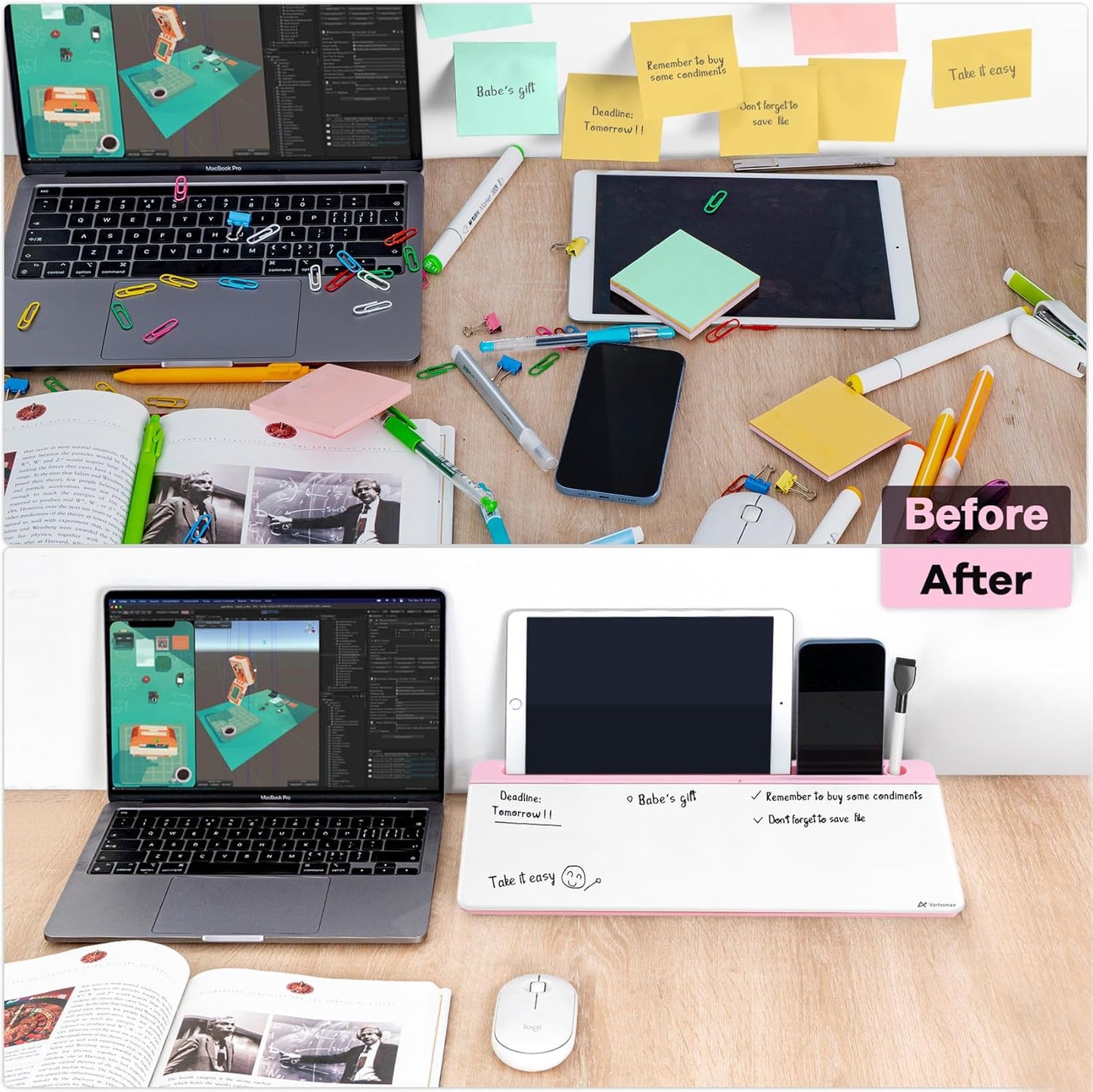 Varhomax Glass Desk Whiteboard with Storage, Desktop Organizer to-do List Memo Notepad Dry Erase White Board for Home Office and School Supplies (Pink)