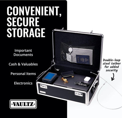 Vaultz Storage Lock Box - 6.5 x 23 x 13.5 Inch - Secure Dorm Storage Trunk with Combination Lock - Ideal Briefcase, Medicine Box, and Personal Item Lock Box - Store Cash, Laptop - Black/Silver