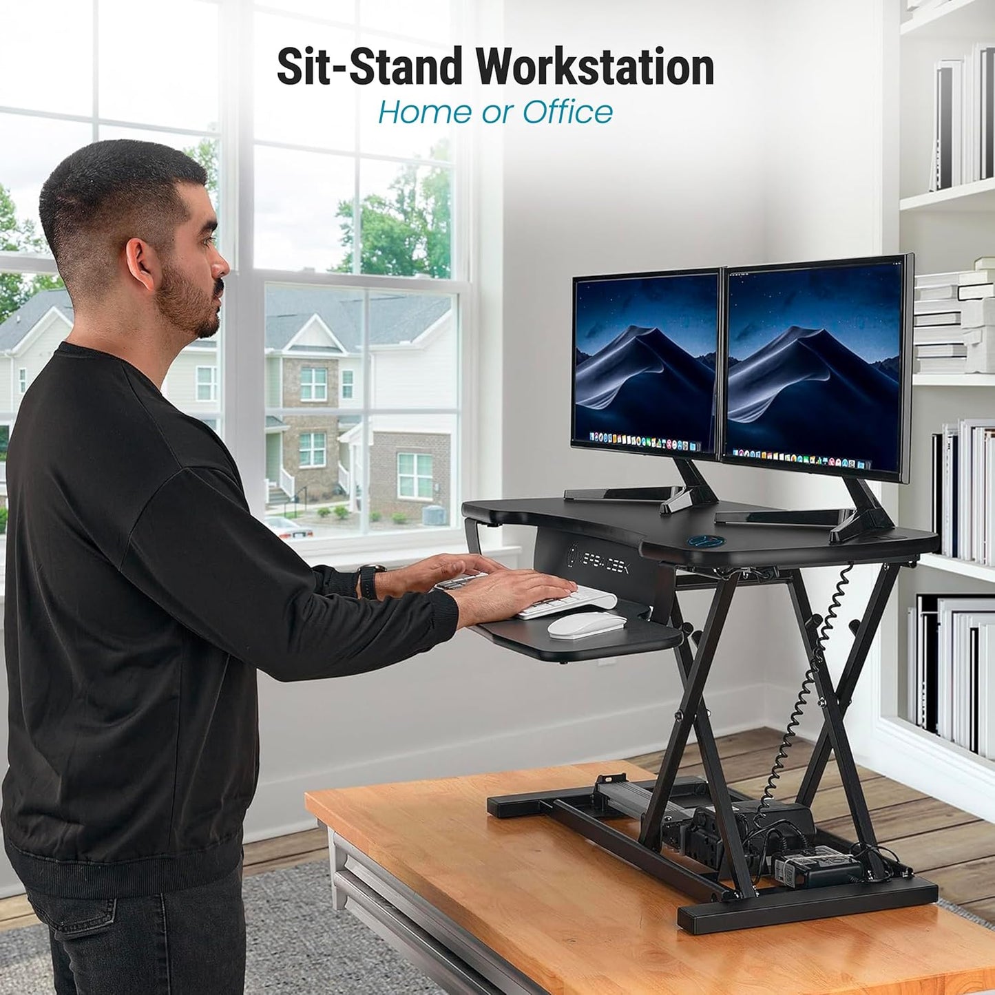 VERSADESK PowerPro™ 36 Inch Electric Standing Desk Converter, Height Adjustable Sit to Stand Up Desk Riser, Laptop and Dual Monitor Desktop Workstation with Wide Keyboard Tray and USB Port, Black