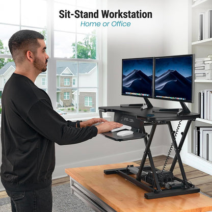 VERSADESK PowerPro™ 36 Inch Electric Standing Desk Converter, Height Adjustable Sit to Stand Up Desk Riser, Laptop and Dual Monitor Desktop Workstation with Wide Keyboard Tray and USB Port, Black