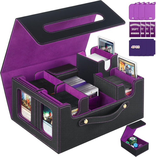 Trading Card Storage Box for MTG, card storage box with Commander Display，Multi-purpose Deck Case for MTG TCG Sports Card, 4 Toploaders, 4 Stoppers, 4 Colorful Dividers (Black & Purple)