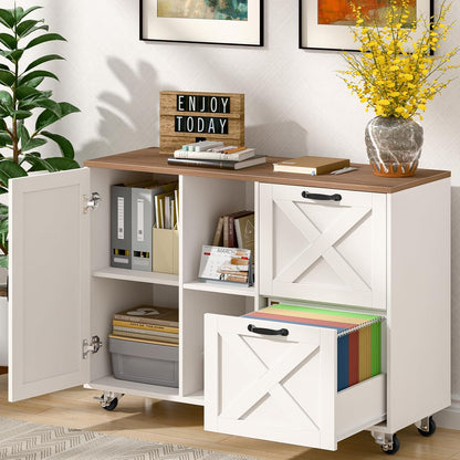 Lateral File Cabinet with 2 Drawers and Door, Mobile Farmhouse File Cabinet for Letter/A4 Size Hanging Files, Large Wood File Storage Cabinets Printer Stand for Home Office, White