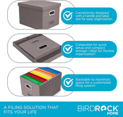 Internet's Best Collapsible File Box Storage Organizer with Lid - Decorative Linen Filing & Storage Office Boxes – Hanging Letter/Legal Folder – Home Office Bins Cabinet – Grey Container - 1 Pack