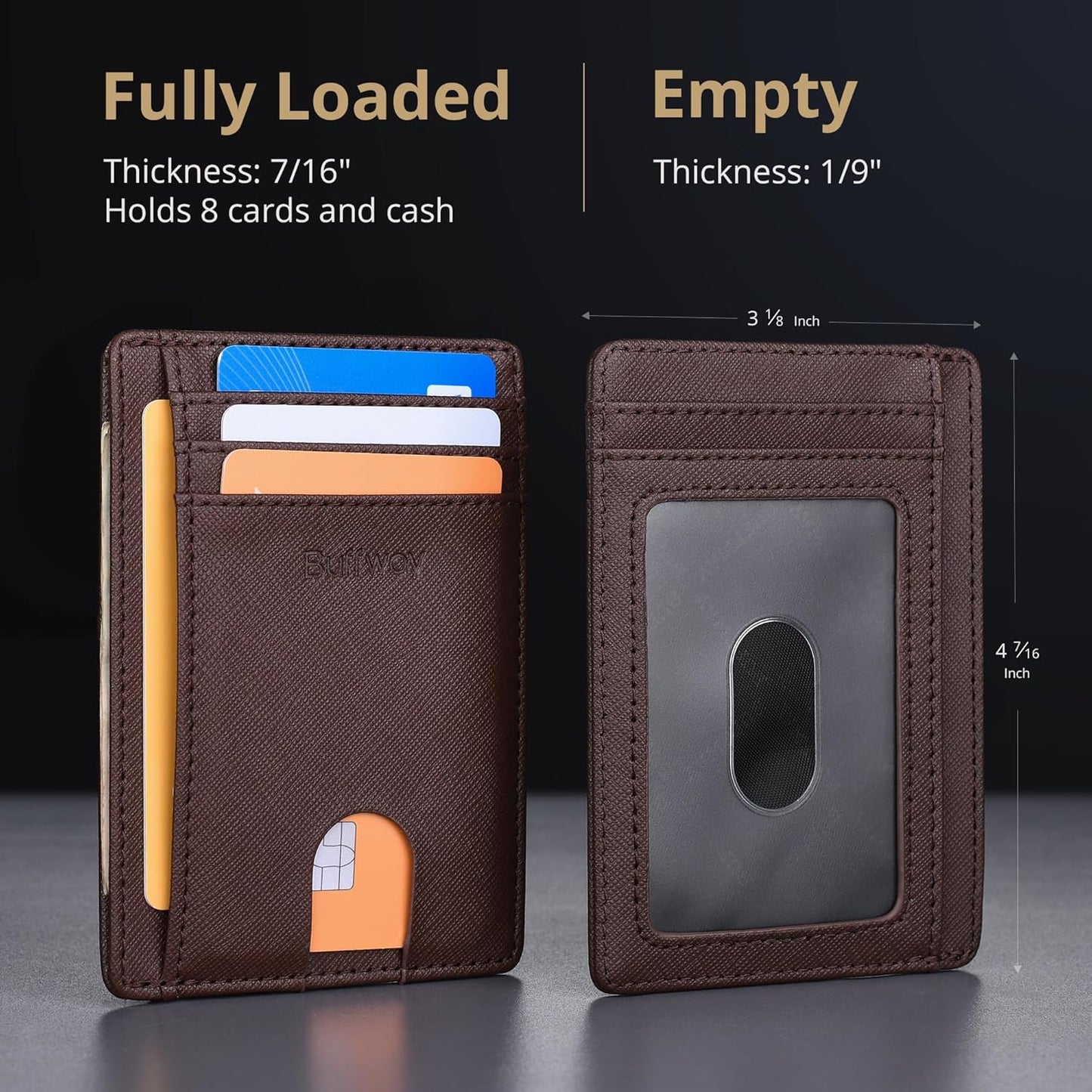 Buffway Slim Minimalist Front Pocket RFID Blocking Leather Wallets for Men and Women - Cross Coffee