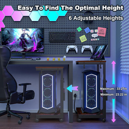 Height Adjustable Computer Tower Stand with Charge Station and USB Charging Port, 2-Tier ATX-Case Cart, Under Desk Mobile PC Stand, CPU Holder Cart with Locking Caster Wheels for Fits Most PC