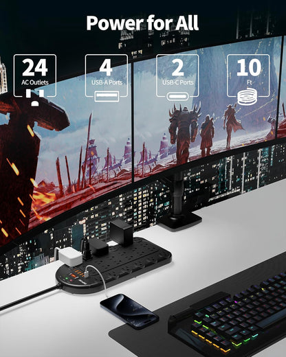 Power Strip, 24 AC Outlets (1875W/15A) with 6 USBs (2 USB-C Ports), Surge Protector (3,400 Joules), 10Ft Heavy Duty Flat Plug Extension Cord, Wall Mountable for Home, Office, Black, ETL Listed