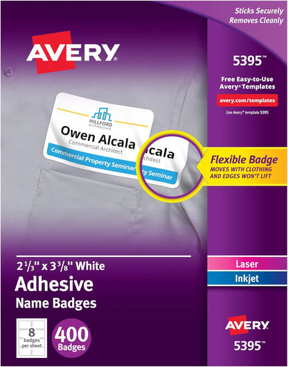 Avery Flexible Printable Name Tags, 2-1/3" x 3-3/8", Matte White, 400 Removable Name Badges for Laser and Inkjet Printers (5395)