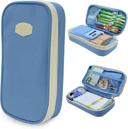 Large Capacity Pencil Case - Durable Zipper Aesthetic Pen Pouch, Big Storage Organizer for School, Office & Travel - Waterproof & Multi-Use (Light Blue)