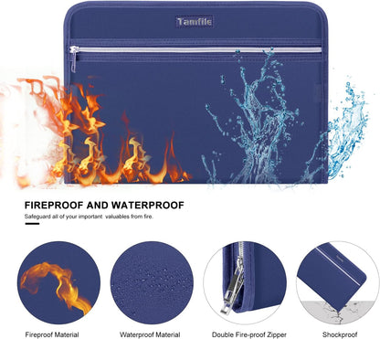 Fireproof Safe Accordion File Organizer Bag Folder,Waterproof Expanding Filing Folder with 14 Pockets, A4 Letter Size, Document Organizer Holder and Color Labels /2 Zipper, Navy Blue 14.3" x 9.8"