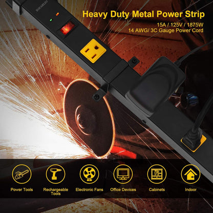 SURAIELEC 10 Outlet Long Power Strip Surge Protector, Industrial Heavy Duty Metal Shop Power Strip with Flat Plug, 1000 Joules, 15 AMP Breaker, 6FT Cord, Wall Mountable, for Work Bench, Shop, Garage