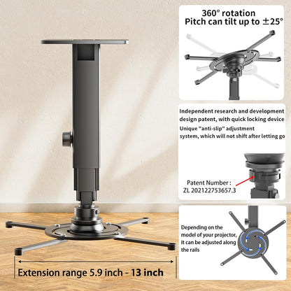 Projector Mount Wall with Multi-Hole Design, Adjustable Universal Projector Ceiling Mount for Home Theater, Office, Classroom, Heavy Duty Aluminum Projector Stand, Load 55 lbs - Black