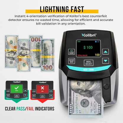 KOLIBRI KCD-2000 Advanced Counterfeit Bill Detector | All-Orientation Counterfeit Detection Bill Counter | Money Counter by Denomination | Detect Fake Bills Fast