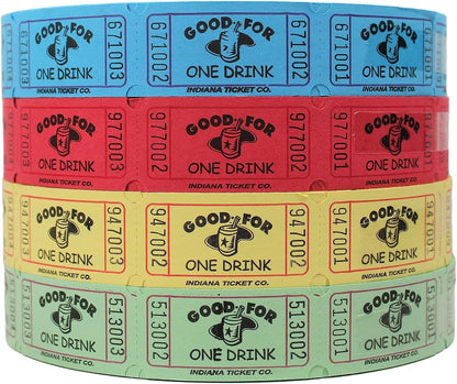 INDIANA TICKET CO. Drink Roll Tickets,1 Each of Red,Blue,Yellow & Green 2000 Tickets per Single Roll, 1x2 Tickets Admission, Events, Fundraisers & Prizes (Pack of 4)