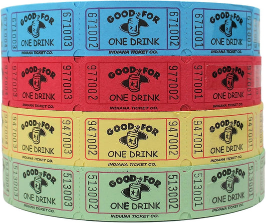 INDIANA TICKET CO. Drink Roll Tickets,1 Each of Red,Blue,Yellow & Green 2000 Tickets per Single Roll, 1x2 Tickets Admission, Events, Fundraisers & Prizes (Pack of 4)