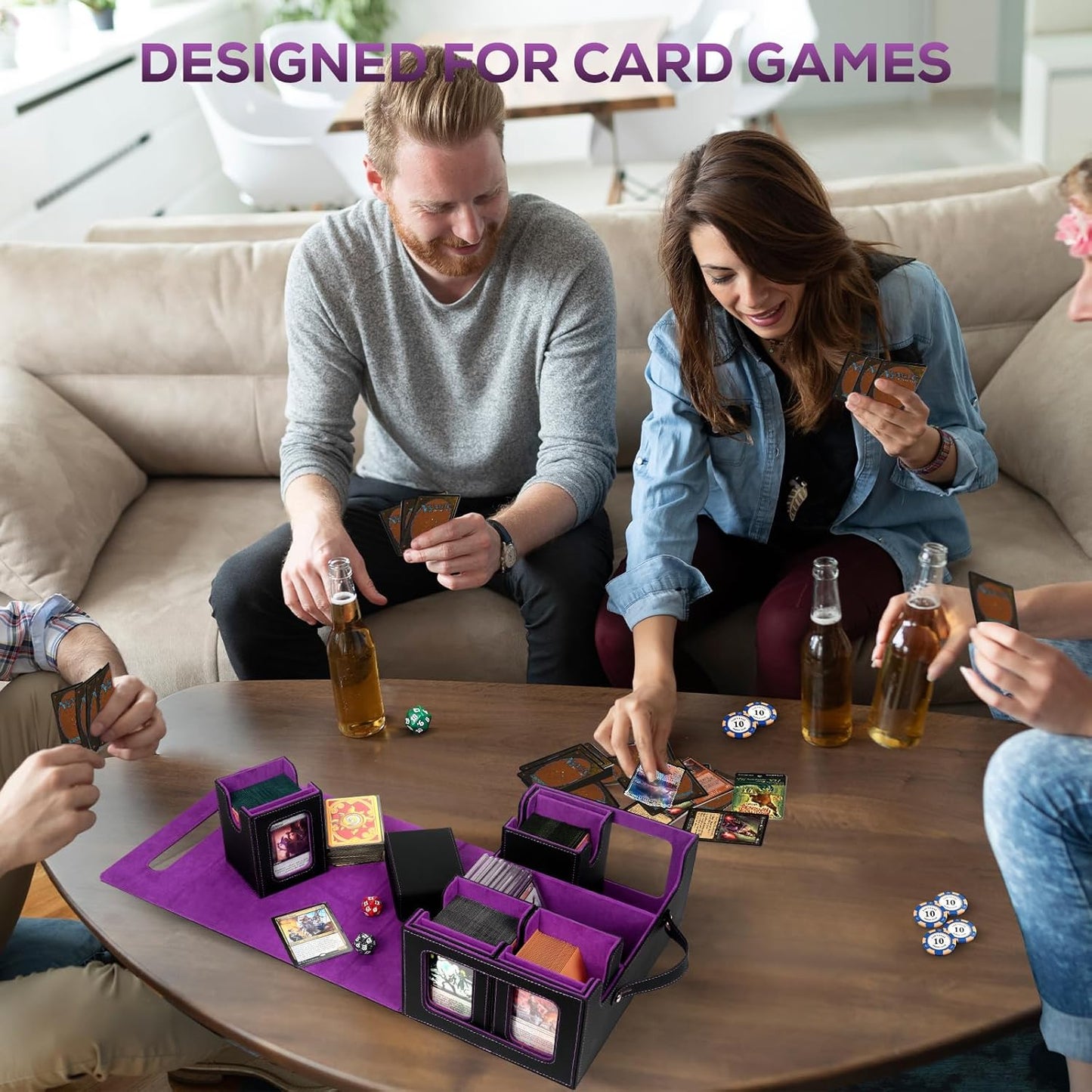 Trading Card Storage Box for MTG, card storage box with Commander Display，Multi-purpose Deck Case for MTG TCG Sports Card, 4 Toploaders, 4 Stoppers, 4 Colorful Dividers (Black & Purple)