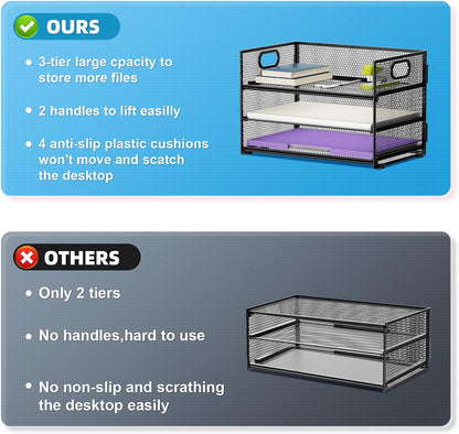 Marbrasse 3 Tier Paper Organizer Letter Tray, Mesh File Organizer with Handle, Paper Sorter Desk Organizer for Home Office Supplies - 2p