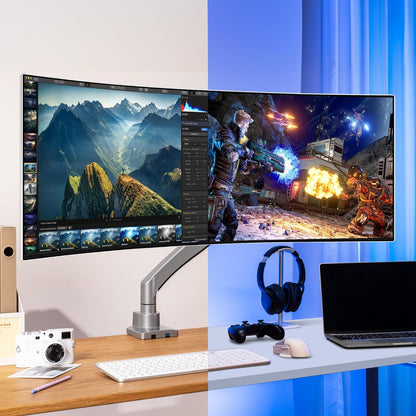 AVLT Single 17"-57" Super Ultrawide Monitor Arm for Screens Up to 59.5 lbs, Premium Aluminum Desk Stand, Adjustable Pneumatic Height, Full Motion Swivel Tilt Rotation, USB-C & USB-A Ports, Gray