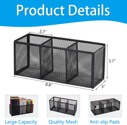 Black Mesh Pen Pencil Holder, Small Metal Desk Organizer Desktop Stationery Office Supplies Acessories Storage Stand, 3 Compartments Brushes Holder for Home School Classroom Teachers