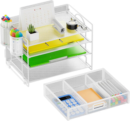 Marbrasse Desk Organizer and Accessories4-Tier Paper File Letter Tray Accessories & Workspace Desk Organizers with Drawer and 2 Pen Holders for School Home Office Supplies (White)