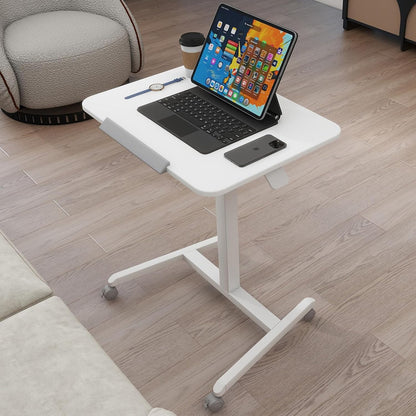 PUNCIA 90°Tiltable Small Standing Desk with Stoppers Mobile Rolling Laptop Table on Wheels Pneumatic Adjustable Height Computer Workstation Stand Up Cart Bedside Overbed Table for Home Office White