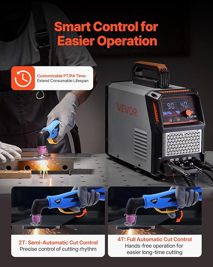 VEVOR Plasma Cutter, 50A Non-Touch Pilot Arc Plasma Cutting Machine, 110V/220V Dual Voltage Digital Display IGBT Inverter - with 2T/4T Function & Adjustable PA/PT Time for Home Repairs, Workshops