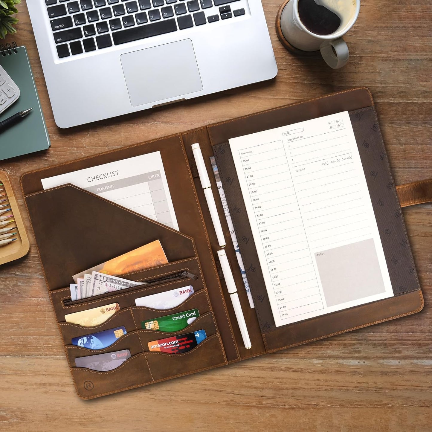 Full Grain Leather Portfolio with Magnetic Closure, Professional Business Padfolio Organizer for Men Women, A4 Document Folder, Card Slots, Pen Loop, 10x13", Luxury Gift Set