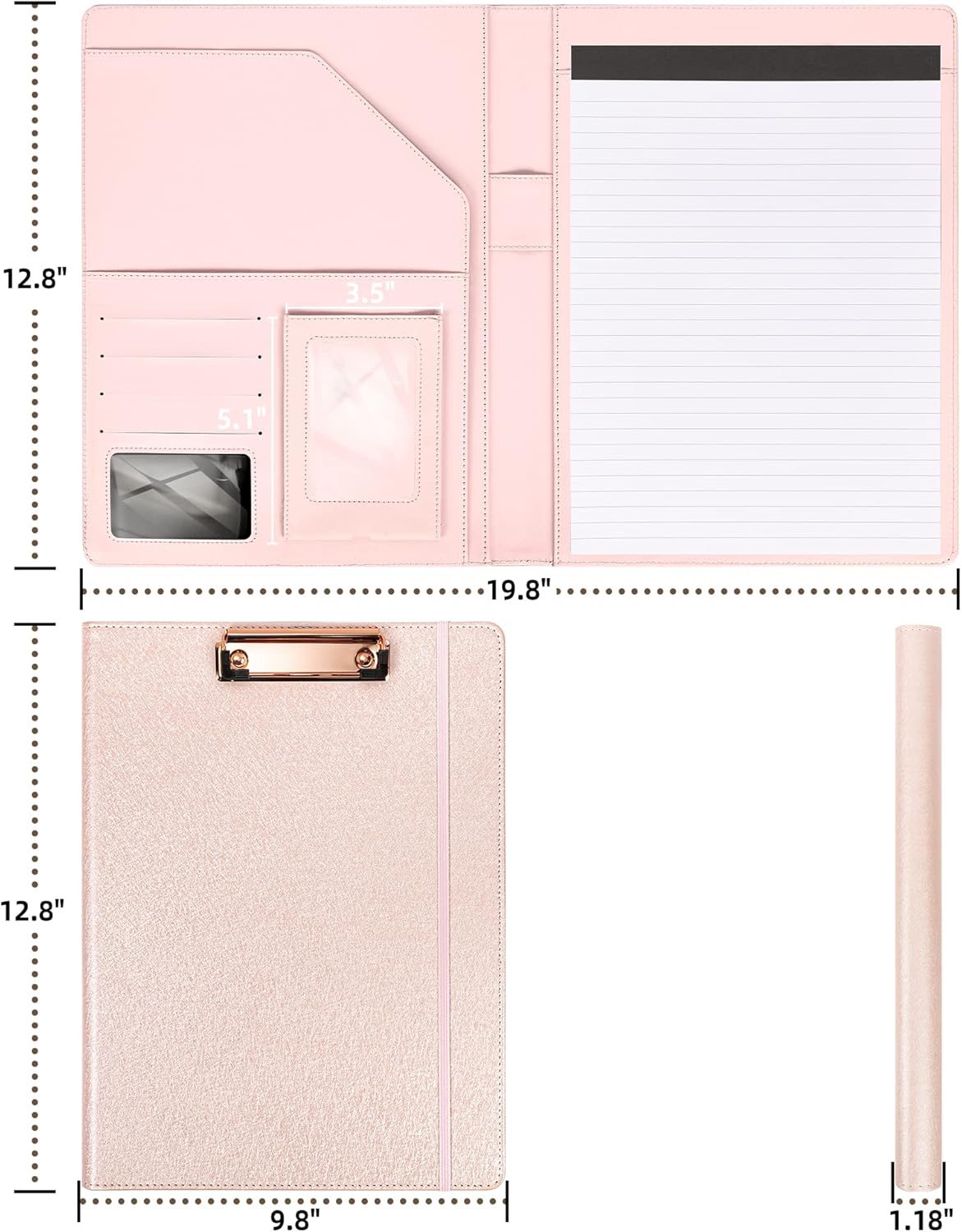Leather Portfolio Organizer Women Clipboard with Storage Pink Clip Board for Notepad,Phone,Cards