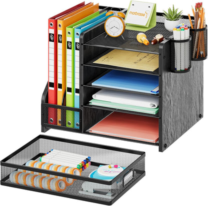 Marbrasse Desk Organizer with File Holder, 5-Tier Paper Letter Tray Organizer with Drawer and 2 Pen Holder, Mesh Desktop Organizer and Storage with Magazine Holder for Office Supplies (Wood-Black)