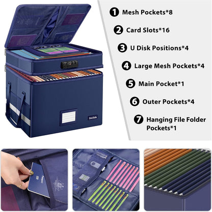 DocSafe File Box with Lock,Multi-Layer Fireproof Document Box Collapsible File Storage Organizer with Pockets/Handle,Large Portable Home Office Filing Safe for Hanging Letter/Legal Size Folders,Blue