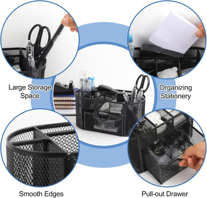 Office Supplies for Desk,14pcs Black Desk Sets and Accessories, Office Supply Kit with Mesh Desktop Organizer and Stapler,Staple Remover, Staples,Tape Dispenser,Sticky Tabs,Scissors, Ruler