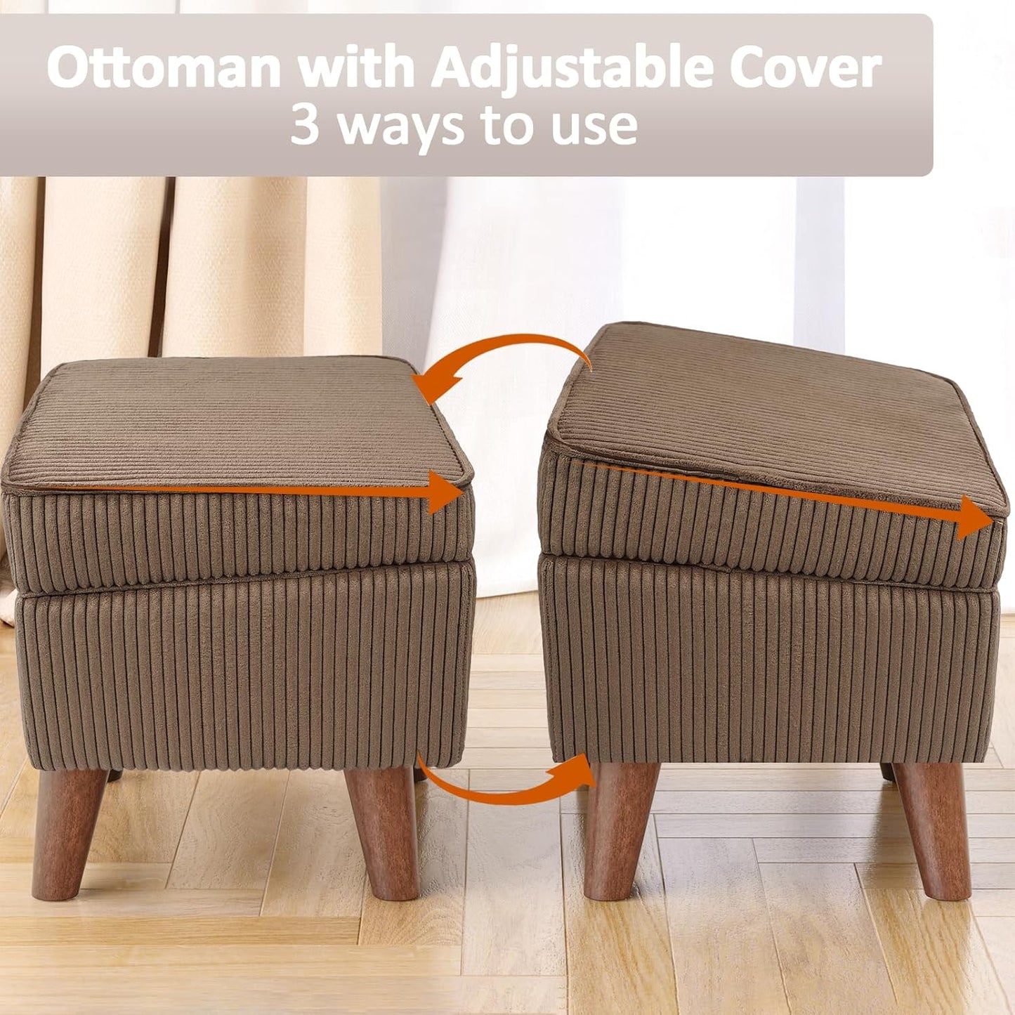 Storage Ottoman with Adjustable Lid, Soft Step Stool, Footrest and Seat, Ottoman Foot Rest for Living Room, Bedroom, Dorm, Brown