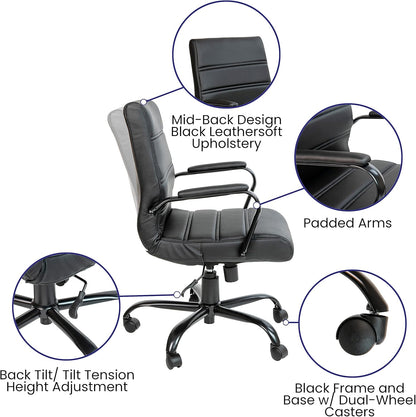 Flash Furniture Whitney Mid-Back Swivel LeatherSoft Desk Chair with Padded Seat and Armrests, Adjustable Height Padded Office Chair, Black