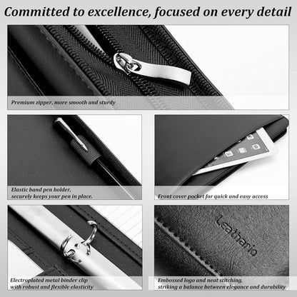 Leathario Portfolio Binder, Includes 10 Sheet Protectors and 3 Notepads, 3-Ring Folder Organizer, A4 Padfolio with Zipper, Vegan Leather Tablet Sleeve, Business Office Conference Clipboards