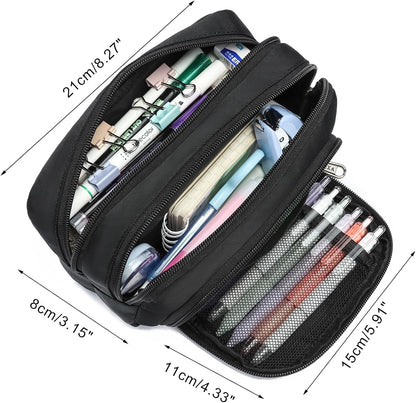 XQXA Pencil Pouch Large Capacity Pencil Case Organizer, Multifunctional Pen bag with 3 Compartmens, Big Pencil Bag for Office Travel Men Women Adult (01-Black)
