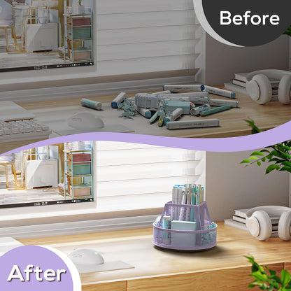 YINGHUA Metal Mesh Desk Organizer with 5 Compartments and Rotating Pencil Holder Pen and Stationery Organizer for Office Home School Anti Slip Base Purple