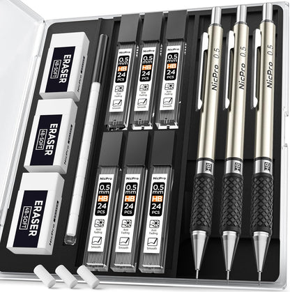 Nicpro RG1000 0.5 mm Art Mechanical Pencil Set in Storage Case, 3 PCS Metal Drafting Pencil Lead Pencil with 6 Tube HB Refills, 3 Erasers, 9 PCS Eraser Refills for Artist Writing, Drawing, Sketching