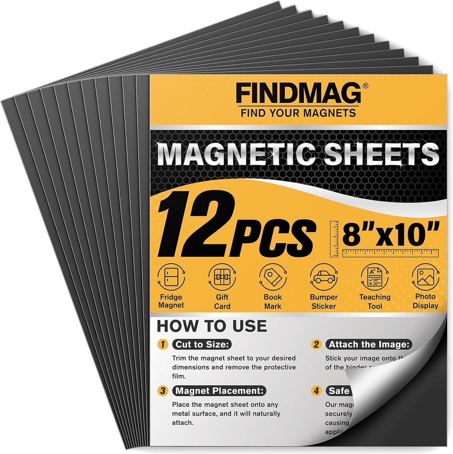 FINDMAG Magnetic Sheets (8” x 10”), Pack of 12, Flexible Magnet for Hanging Pictures, Photos, Paper Magnet for Dies, Adhesive Magnetic Sheets for Fridge, Locker, Cabinet Doors.