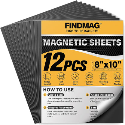 FINDMAG Magnetic Sheets (8” x 10”), Pack of 12, Flexible Magnet for Hanging Pictures, Photos, Paper Magnet for Dies, Adhesive Magnetic Sheets for Fridge, Locker, Cabinet Doors.