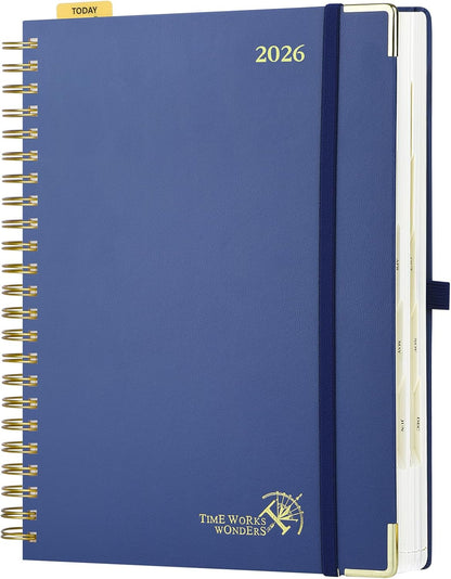 POPRUN 2026 Daily Planner One Page A Day - [A4 Large Size 8.25" x 12" -Spiral Hard Cover], Agenda 2026 Hourly Appointment Book with Monthly Calendar, Pen Holder, Ivory Paper -Navy Blue
