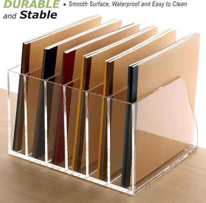 SANRUI Acrylic Desk File Organizer, 6 Vertical Compartments Clear Magazine File Holder Workspace Sorters, Folder Rack for Office Accessories Organization Storage
