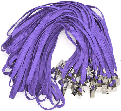 Bird Fiy Lanyards with Id Holder Badges Name Tags 50 Pack Lanyards with Bulldog Clip and 50 Pack Waterproof Clear Plastic Vertical Name Tag Badge ID Card Holders (Purple)