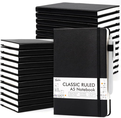 feela 24 Pack Journal Notebook for Work, Business Notebook Bulk Hardcover Lined Writing Journal with Pen Holder for Men Women Note Taking, with 24 Black Pens, 120 GSM, 5.1”x8.3”, A5, Black