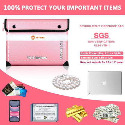 Upgraded Fireproof Document Bag 5200°F - with Heat Insulated, Fireproof Bag with Zipper/Reflective Strip, 9 Layers of Functional Materials, Fireproof Money Bag for Cash/Documents, Water Resistant Pink