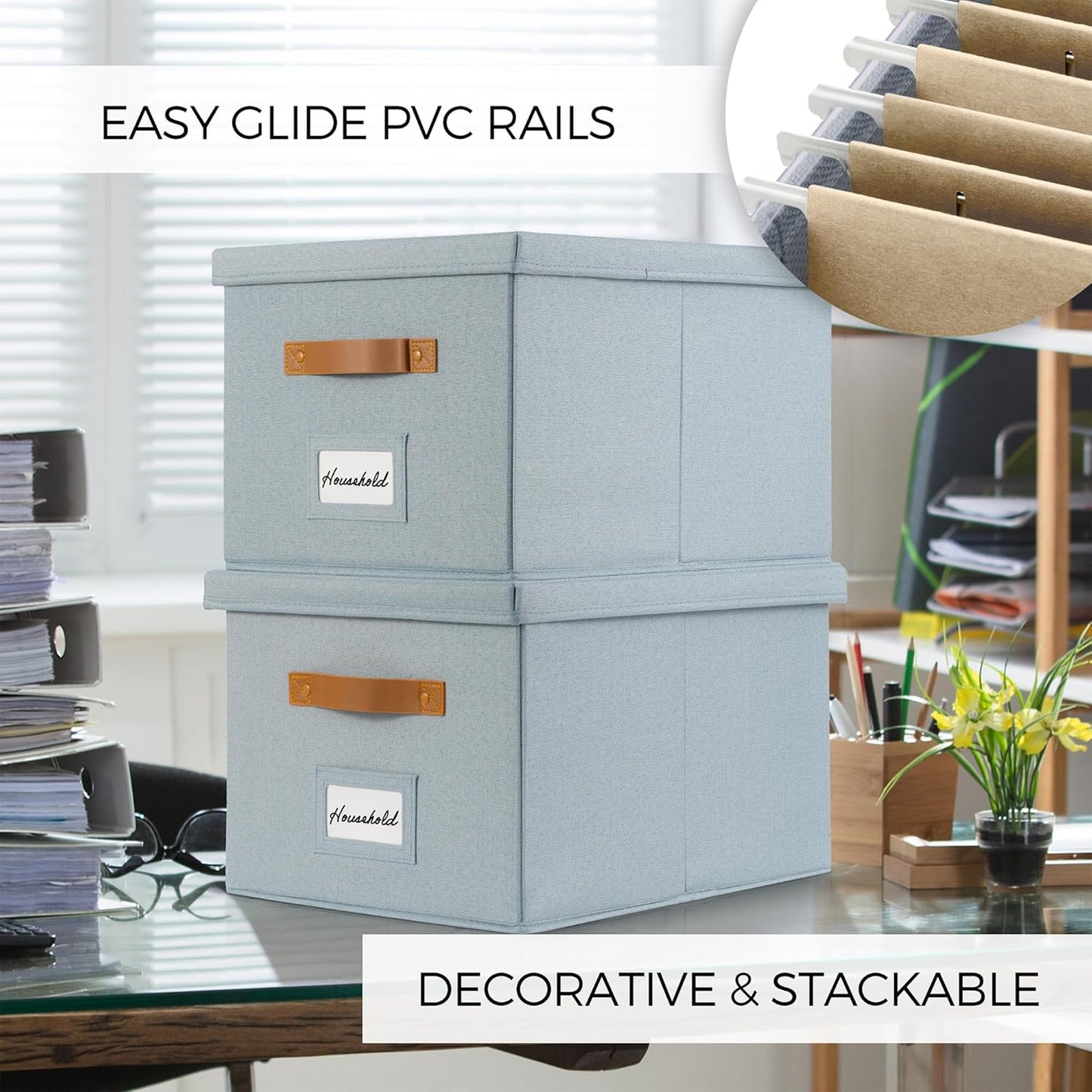 ZICOTO Decorative File Organizer Box Set of 2 - Collapsible Linen Filing Cabinets w/Handles Are Perfect to Store all Your Documents & Hanging File Folders - Portable Easy Slide Crates with Lid