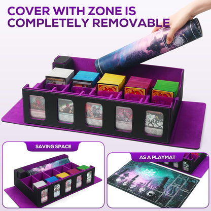 Trading Card Storage Box for MTG, card storage box with Commander Display，Multi-purpose Deck Case for MTG TCG Sports Card, 4 Toploaders, 4 Stoppers, 4 Colorful Dividers (Black& Purple, 5-Row)