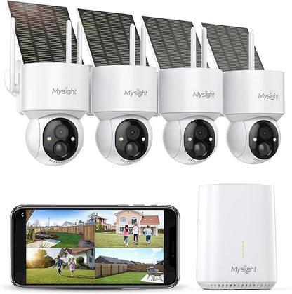 Security Cameras Outdoor Wireless, No Subscription, 4 Cam-Kit, 128G Local Storage HomeBase, 2K Solar Security Camera Wireless System with 360° Pan & Tilt, Color Night Vision, Motion Detection