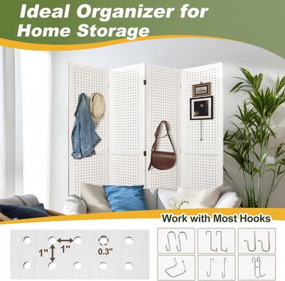 NicBex 4 Panel Pegboard Display,5.6FT Wood PegBoard Room Dividers,Folding Privacy Screens Portable Freestanding Display Board for Craft/Art Shows,Room Separation,White