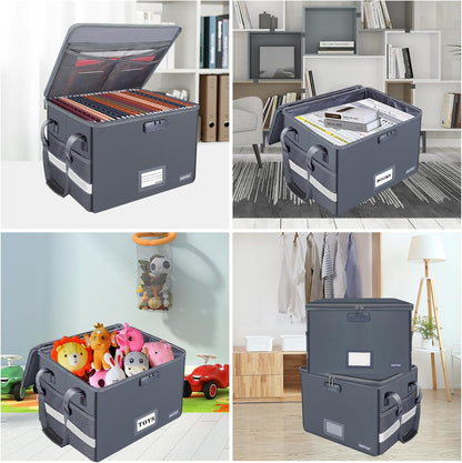 ENGPOW File Box with Lock, Fireproof Document Box with Pockets, Collapsible File Organizer Filing Storage Cabinet with Handle, Portable Home Office Safe for Hanging Letter/Legal Folders,Gray,2 Pack