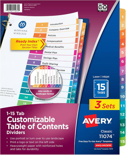Avery Dividers for 3 Ring Binders, 15 Tabs per Set, Customizable Table of Contents, Multicolor Tabs, Great for Organizing Reports, Projects, and More (3 Sets of 11074)