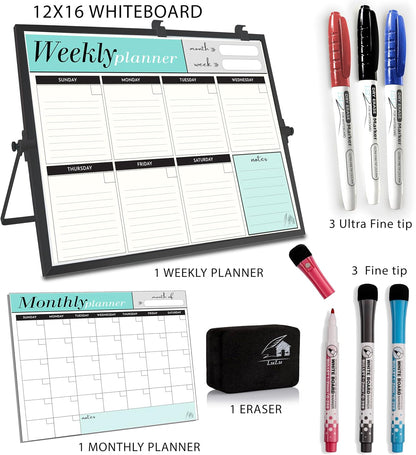 Weekly Dry Erase Board Black Frame, Desktop Calendar White Board with Weekly & Monthly Planners 12x16 inch, Magnetic to Do List with Stand, 6 Markers and Eraser. Whiteboard for Home and Office Desk